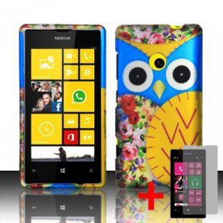 Nokia Lumia 521 yellow blue owl rubberized cover snap on hard case + free screen protector from [ACCESSORY ARENA] Cell Phones & Accessories