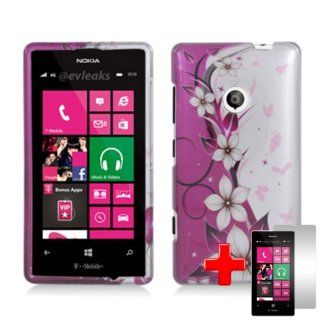 Nokia Lumia 521 (T Mobile) 2 Piece Snap on Glossy Image Case Cover, White Flower Pattern Pink/Silver Cover + LCD Clear Screen Saver Protector Cell Phones & Accessories