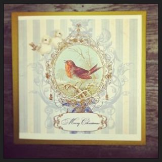 robin vintage print christmas card by made with love designs ltd