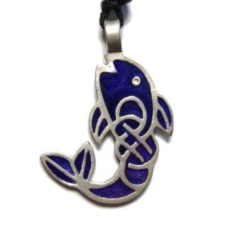 Koi in Blue Pewter Pendant on Adjustable Cord Necklace Jewelry