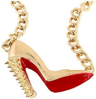 Chunky Gold & Red Bottom Spike High Heel Diva Stiletto Shoe Pump Bib Pendant Statement Necklace Fashion Jewelry Jewelry