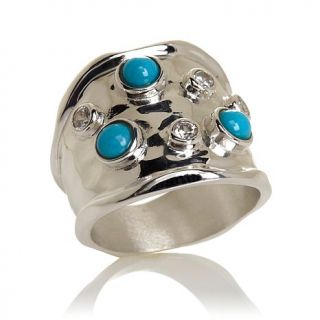 Jay King Sleeping Beauty Turquoise and CZ Hammered Sterling Silver Band Ring