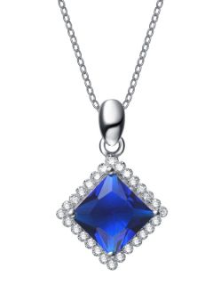 Blue CZ Tilted Square Pendant Necklace by Genevive Jewelry