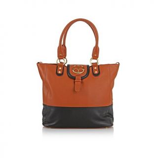 IMAN Platinum Luxury Leather Colorblock Tote with Logo Flap