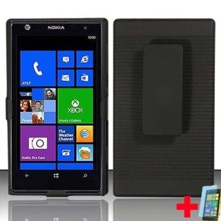NOKIA LUMIA 1020 SOLID BLACK RIDGE BELT CLIP HOLSTER KICKSTAND COMBO CELL PHONE CASE SHELL + FREE SCREEN PROTECTOR, FROM (TRIPLE8ACCESSORIES) Cell Phones & Accessories