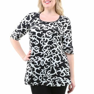 24/7 Comfort Apparel Womens Plus Size Black/ White Swirl Print Elbow Sleeve Tunic