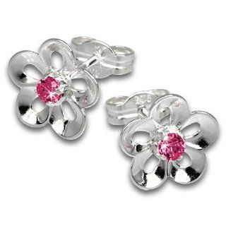 SilberDream earring silver water lily with dark pink zirconia, stud earring, 925 Sterling Silver SDO545P Jewelry