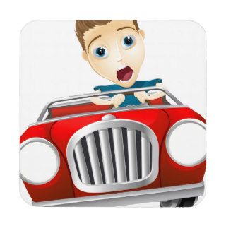 Cartoon man driving fast car coasters