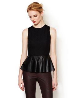 Lace and Faux Leather Combo Peplum Top by Renvy