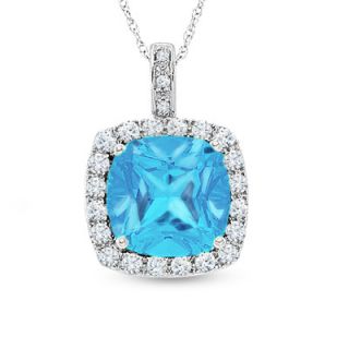 Cushion Cut Blue Topaz and Lab Created White Sapphire Pendant in 10K