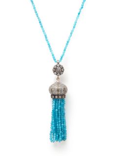 Teal Agate & CZ Crown Tassel Pendant Necklace by Grand Bazaar   New York