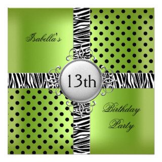 13th Teen Birthday Party Lime Green Black Zebra Custom Invites