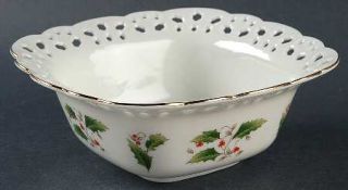 Holly Holiday Hhd2 Pierced Square Bowl, Fine China Dinnerware   Holly/Band, Gold