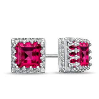 0mm Princess Cut Lab Created Ruby Crown Earrings in Sterling Silver