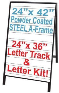 NEOPlex 24" x 42" Black Powder Coated Steel Sidewalk Sandwich Board A frame Sign w/Letter Tracks Insert Panels and Full Letter Kit  Business And Store Signs 
