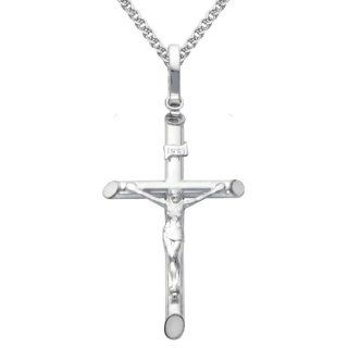 14K White Gold Crucifix Cross Charm Pendant with White Gold 1.5mm Flat Open wheat Chain Necklace with Lobster Claw Clasp   16" Inches   Pendant Necklace Combination The World Jewelry Center Jewelry