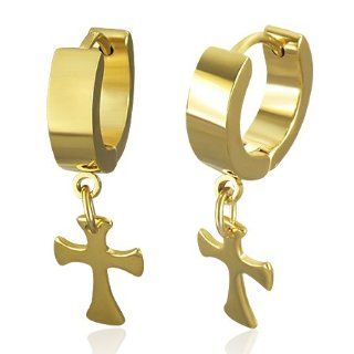 E560 E560 Stainless Steel Gold Plated Cross Drop Hoop Huggie Earrings Mission Jewelry