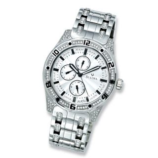 Mens Bulova Crystal Accent Stainless Steel Watch with Silver Dial