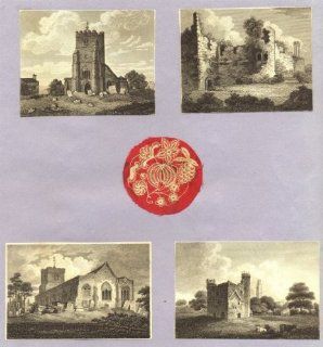 CHURCHES 4 small trimmed Copperplate on backing paper; antique print c1840  