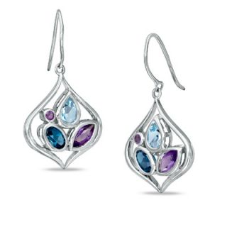 Blue Topaz and Amethyst Abstract Drop Earrings in Sterling Silver