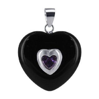 Sterling Silver 20mm Black Onyx with 5mm Amethyst Puffy Heart Pendant Jewelry