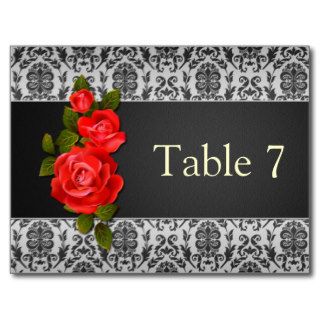 Damask black gray, red roses Table Number Postcards