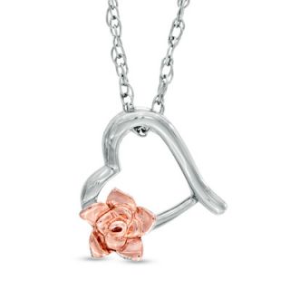 Tilted Heart with Rose Pendant in Sterling Silver and 14K Rose Gold