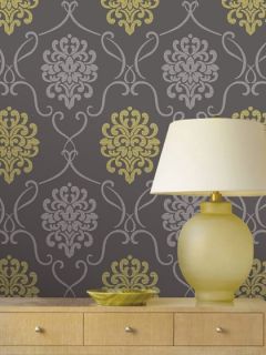 Suzette Grey Modern Damask Wallpaper by Brewster