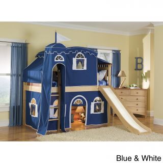 Bennington Low Loft Twin Bed With Castle Tower/ Top Tent/ Bottom Playhouse Curtain/ Slide