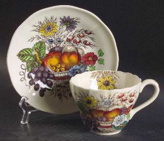 Spode Reynolds Flat Cup & Saucer Set, Fine China Dinnerware   Fruits & Flowers I