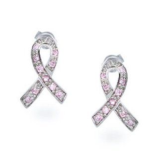 Bling Jewelry 925 Sterling Silver CZ Breast Cancer Pink Ribbon Stud Earrings Jewelry
