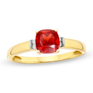 0mm Cushion Cut Lab Created Ruby and Diamond Accent Ring in 10K Gold