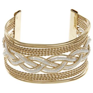 LucyNatalie Goldtone White Bead Braided Wire Cuff Bracelet Fashion Bracelets