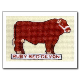 ruby red devon  bull cross stitch postcard