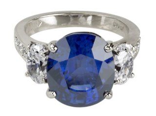 Platinum Cushion Cut Sapphire and Oval Diamond 3 Stone Ring (9.23 ct sapphire center, 1.56 cttw Diamond), Size 6 Jewelry