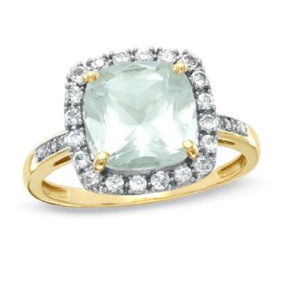 Cushion Cut Green Quartz and Lab Created White Sapphire Ring in 10K