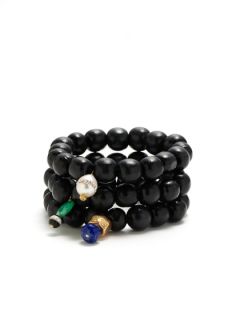 Set Of 3 Black Wood & Multicolor Stone Beaded Stretch Bracelets by Alanna Bess Jewelry