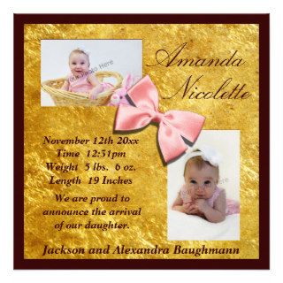 Gold & Mahogany with Pink Bow Personalized Invitation