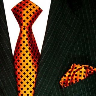 Lorenzo Cana   Luxury Italian 100% Pure Silk Tie Hanky Set Black Orange Checkered Necktie   8445801 at  Mens Clothing store