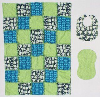 Cute Little Whales with a Blue and Green Tone Prints Baby Rag Quilt Blanket with Matching Burp Cloth and Bib  Baby Bedding Gift Sets  Baby