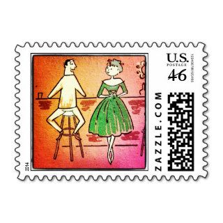 Retro 1950's Cartoon Couple Stamps