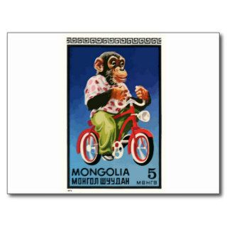 1973 Mongolia Chimp Riding Bicycle Postage Stamp Postcard