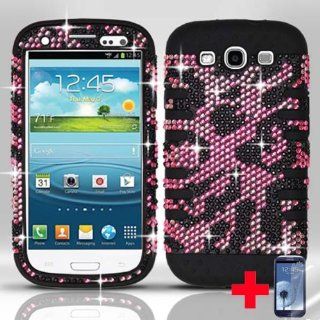 Samsung Galaxy S3 i9300 BLACK PINK CHEETAH DIAMOND BLING HARD PLASTIC SILICONE MOBILE PHONE COVER + SCREEN PROTECTOR, FROM [TRIPLE8ACCESSORIES] Cell Phones & Accessories