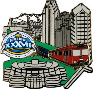 Super Bowl XXXVII Collectors Pin  Details Sliding Trolley Design, Qualcomm Stadium Silhouette, San Diego City Silhouette, NFL SB 37 Commemorative Pin  Sports Related Pins  Sports & Outdoors