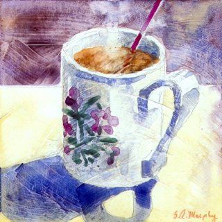 Hot Tea Series    Portmeiron Mug, Giclee Print of Watercolor Still Life, Showing a Cup of Hot Tea with an Image of Flowers on the Side, 6 X 6 Inches   Watercolor Paintings