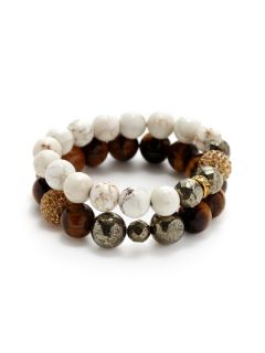 Set of 2 White Turquoise & Tigers Eye Stretch Bracelets by Very Me