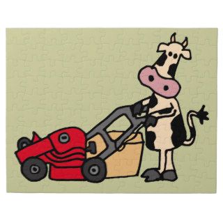 Funny Cow Pushing Red Lawn Mower Cartoon Jigsaw Puzzles