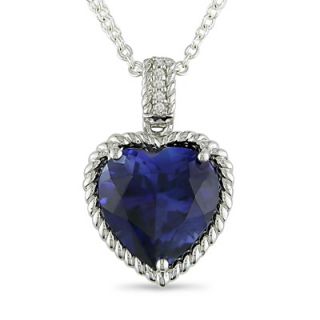 Lab Created Sapphire Heart Pendant in Sterling Silver with Diamond
