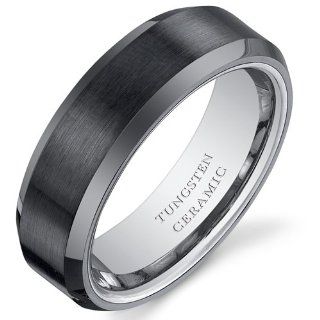 Beveled Edge Brushed Center 8mm Mens Tungsten Black Ceramic Wedding Band Ring Size 13, Available in Sizes 8 to 13 Peora Jewelry