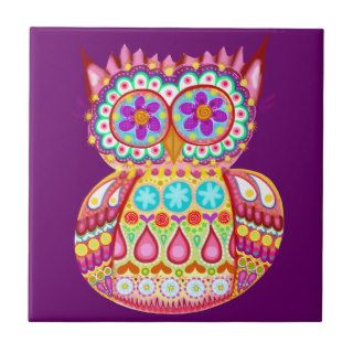 Colorful Abstract Retro Owl Ceramic Tile